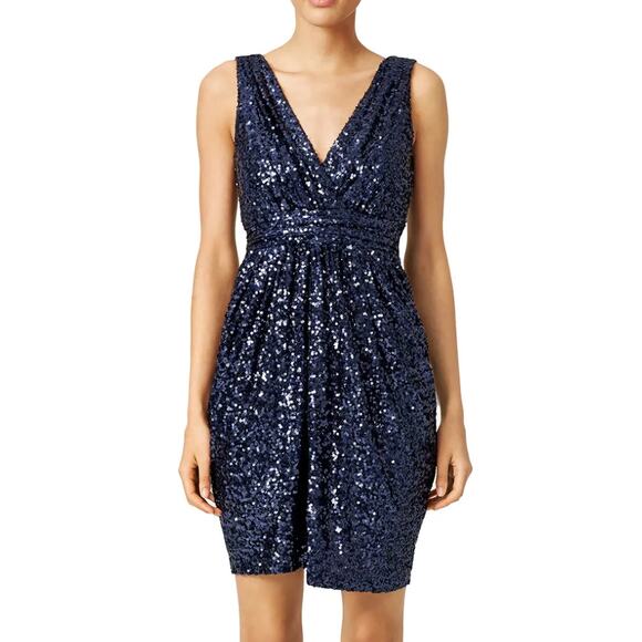 Badgley Mischka Blue Sequin Sheath Dress Size 6 Ruched Designer Cocktail $395 - Picture 1 of 9